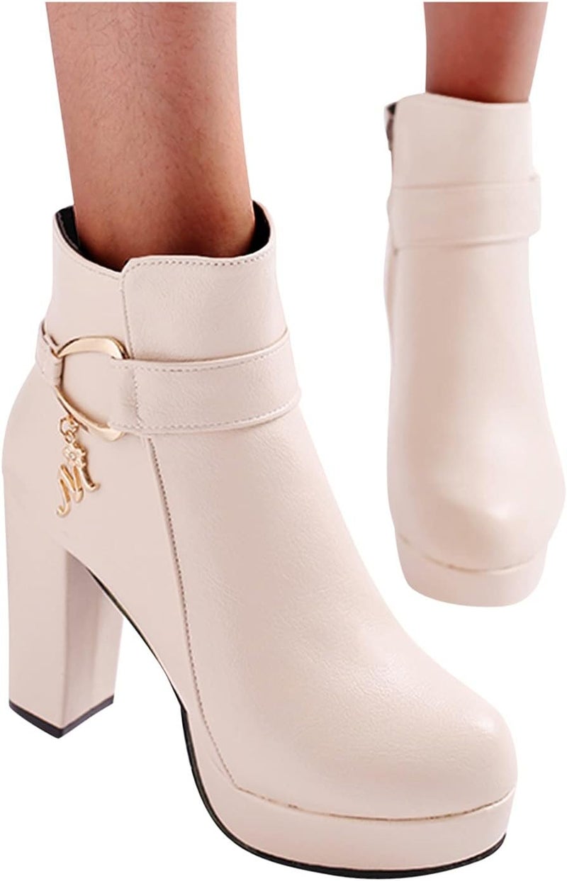 woobles Winter Boot for Women,Women Round Toe Platform Booties Ladies Cute Chunky High Heel Snow Ankle Boot Wedge Zipper Slip On Boot Causal Walking Dress Shoe, White, 7 - Image 3